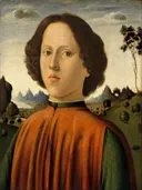 Portret van een jonge van Biagio d'Antonio: portret met jongen, rode kleding, landschap en jong, in warm rood en groen