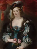 Portret van een jonge vrouw van Atelier van Peter Paul Rubens: portret met vrouw, verenhoed, rood gordijn en juweel, in rood met blauw en wit