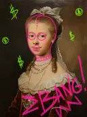 Graffiti-kunstwerk 'Portret van een Jonge Vrouw Graffiti Editie', klassiek portret met street-art overspoten