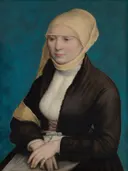 Portret van een jonge vrouw van Vroeger toegeschreven aan Hans Holbein the Younger: portret met vrouw, kap en zwarte jurk, in turkoois met zwart