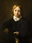 Portret van een jongen op zes-jarige leeftijd van Jan de Bray: portret met jongen, kind, witte kraag en vogeltje, in donker bruin met wit
