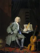 Portret van een lid van de familie Van der Mersch van Cornelis Troost: portret met man, viool, globe en muziek, in donker met blauwgrijs