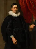 Portret van een man, mogelijk Peter van Hecke (1591-1645) van Anthony van Dyck / Peter Paul Rubens: portret met man, molensteenkraag en rood gordijn, in zwart met rood