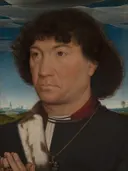 Portret van een man, mogelijk uit de familie Lespinette van Hans Memling: portret met man, bontkraag, landschap en medaillon, in donker met blauw