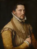Portret van een man van Antonis Mor / Workshop of Huybrecht Beuckeleer / Attributed: portret met man, wambuis, kraag en baard, in okergeel op donker
