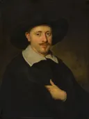 Portret van een man van Govert Flinck: portret met man, hoed, zwarte mantel en witte kraag, in donker bruin