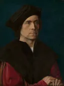 Portret van een man van Michael Sittow: portret met man, zwarte muts, rode mantel en bont, in donkergroen met rood