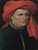 Portret van een man van Robert Campin: portret met man, rode tulband, donkere jas en gezicht, in fel rood en zwart