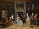 Portret van een onbekende familie in een interieur van Jan Steen: interieur met kamer, schouw, familie en hond, in warm bruin met wit en rood