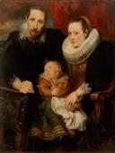 Portret van een onbekende familie van Anthony van Dyck: portret met man, vrouw, kind en kraag, in donker met rood