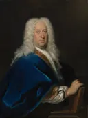 Portret van een onbekende man van Cornelis Troost: portret met man, pruik, blauwe mantel en stoel, in donker met blauw