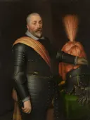 Portret van een onbekende officier van Jan van Ravesteyn and workshop: portret met man, harnas, oranje sjerp en helm, in donker met oranje