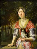 Portret van een onbekende vrouw van Matthijs Naiveu: portret met vrouw, hondje, bloemenkrans en bomen, in groen en rood
