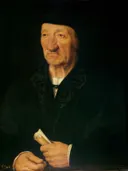 Portret van een oude man met een opgerold document in de hand van Joos van Cleve / Formerly attributed to Hans Holbein the You: portret met oude man, bontkraag, brief en donkere achtergrond, in zwart met bleek gezicht