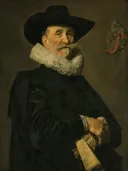 Portret van een oudere man van Frans Hals: portret met man, hoed, kraag en mantel, in donker groenbruin