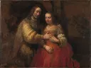 Portret van een paar als Isaak en Rebekka, bekend als 'De Joodse bruid van Rembrandt van Rijn: figuren met paar, omhelzing, rode jurk en goud, in rood en goud