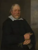 Portret van een reder van Bartholomeus van der Helst: portret met man, kraag, zwarte mantel en handschoenen, in donker bruin met wit