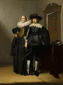 Portret van een verloofd paar van Pieter Codde: portret met echtpaar, molensteenkraag, kamer en zwart kostuum, in zwart met wit