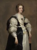 Portret van een vrouw met een gesloten waaier in de hand van Anthony van Dyck: portret met vrouw, waaier, zwarte jurk en kanten kraag, in zwart met wit