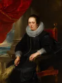 Portret van een vrouw, mogelijk Clara Fourment (1593-1643) van Anthony van Dyck / Peter Paul Rubens: portret met vrouw, molensteenkraag en rood gordijn, in zwart met rood