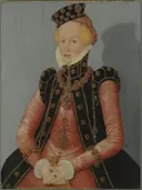 Portret van een vrouw, mogelijk Elisabeth von Ansbach, Markgräfin von Beyreuth (?-?) van Lucas Cranach the Younger: portret met vrouw, roze jurk, kraag en kapje, in roze en zwart