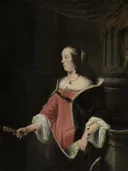 Portret van een vrouw van Ferdinand Bol: portret met vrouw, roze jurk, zuil en staand, in roze en donkerbruin