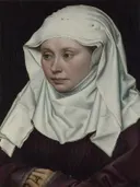 Portret van een Vrouw van Robert Campin: portret met vrouw, witte hoofddoek, ring en donkere achtergrond, in wit en donkerrood