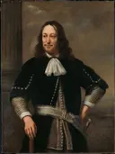 Portret van een zee overste, waarschijnlijk vice admiraal Aert van Nes (1626 1693) van Ferdinand Bol: portret met man, sjerp, staand en zwarte mantel, in donker met wit