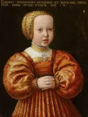 Portret van Elisabeth van Oostenrijk (1526-1545) van Jakob Seisenegger: portret met meisje, rode jurk, kind en kap, in warm rood en goud