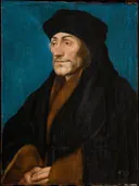 Portret van Erasmus van Rotterdam van Hans Holbein the Younger en atelier: portret met man