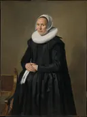 Portret van Feyntje van Steenkiste van Frans Hals: portret met vrouw, zwarte jurk, kraag en kap, in donker met wit