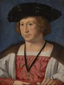 Portret van Floris van Egmond (1469-1539), graaf van Buren en Leerdam van Jan Gossaert: portret met man, zwarte baret, rood wambuis en ketting, in blauw met rood