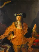 Portret van Frans I (1708-1765) van Atelier van Martin van Meytens: portret met man, goudbrokaat, hermelijn en kroon, in goudgeel met rood
