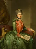 Portret van Frederika Sophia Wilhelmina (1751-1820), prinses van Pruisen, echtgenote van Willem V, prins van Oranje-Nassau van Johann Georg Ziesenis: portret met vrouw, groene jurk, hondje en boek, in smaragdgroen met rood