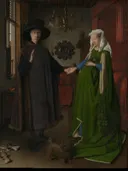 Portret van Giovanni Arnolfini en zijn vrouw van Jan van Eyck: portret met vrouwen, honden en spiegel