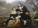 Portret van Hendrick Heuck (?-1677) en Catharina Brouwers (?-?) van Nicolaes de Helt Stockade: portret met echtpaar, hond, landschap en kraag, in zwart, wit en rood