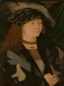 Portret van Hendrik V, graaf van Mecklenburg (1479-1552) van Jacopo de' Barbari: portret met man, verenhoed, ketting en bont, in donkergroen met bruin