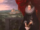 Portret van Isabella van Spanje (1566-1633) met op de achtergrond het kasteel van Mariemont van Peter Paul Rubens: portret met vrouw, kanten kraag, terras en landschap, in zwart met rood en blauw