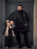Portret van Iseppo da Porto van Paolo Veronese: portret met man, kind, bontmantel en nis, in zwart en grijs