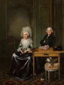 Portret van Jacob Feitema (1726-1797) en zijn echtgenote Elizabeth de Haan (1735-1800) van Wybrand Hendricks: portret met echtpaar, kamer, tafel en kant, in gedempt grijs met zwart