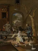 Portret van Jacoba Maria van Wassenaer van Jan Steen: figuren met meisje, kippen, eenden en kalkoen, in warm bruin met wit