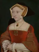 Portret van Jane Seymour (1509?-1537) van Atelier van Hans Holbein the Younger: portret met vrouw, hoofdtooi, rode jurk en parels, in donkergroen met rood