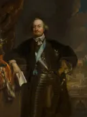 Portret van Johan Maurits (1604-1679), graaf van Nassau-Siegen, stichter van het Mauritshuis van Jan de Baen: portret met man, harnas, sjerp en commandostaf, in donker met blauw