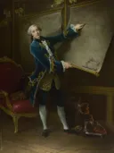 Portret van Joseph Hyacinthe François de Paule de Rigaud, Comte de Vaudreuil van François-Hubert Drouais: portret met binnenkamer, man en gezin