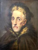 Portret van Manusso Theotokopoulos van El Greco: portret met man, bontkraag, gezicht en donkere achtergrond, in donkerbruin en okergeel