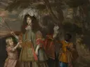 Portret van Maria, prinses van Oranje (1642-1688) van Johannes Mytens: portret met vrouw, kinderen, satijnen jurk en bediende, in wit en rood met groen