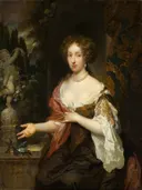 Portret van Maria Timmers (1657-1753), echtgenote van Maurits Le Leu de Wilhem van Caspar Netscher: portret met vrouw, satijnen jurk, beeld en tuin, in creme met roze