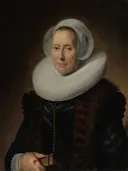 Portret van Maritge Claesdr. Voogt (....-1644) van Frans Hals: portret met vrouw, kraag, boek en kap, in donker met wit