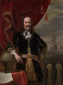 Portret van Michiel de Ruyter (1607-1676) van Ferdinand Bol: portret met man, globe, schepen en rood gordijn, in donker met rood