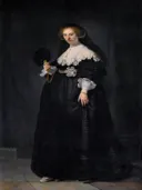 Portret van Oopjen Coppit van Rembrandt van Rijn: portret met vrouw, zwarte jurk, kanten kraag en waaier, in zwart en wit